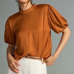 Anthropologie Mock Neck Puff Sleeve Blouse Copper Color